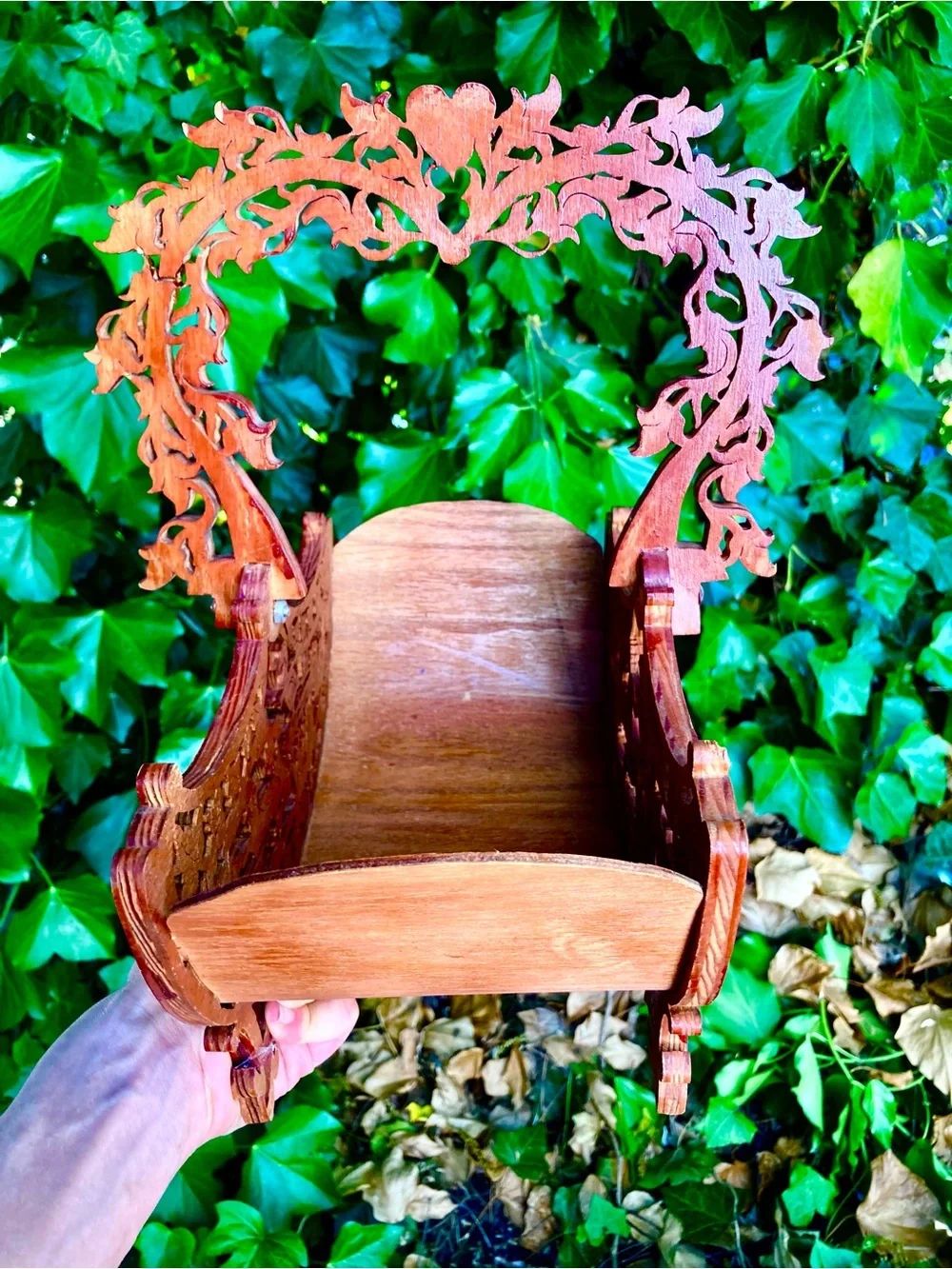 Vintage Hand Carved Ornate Wooden Cradle/Basket Ducks & Leaves/Heart Handle
